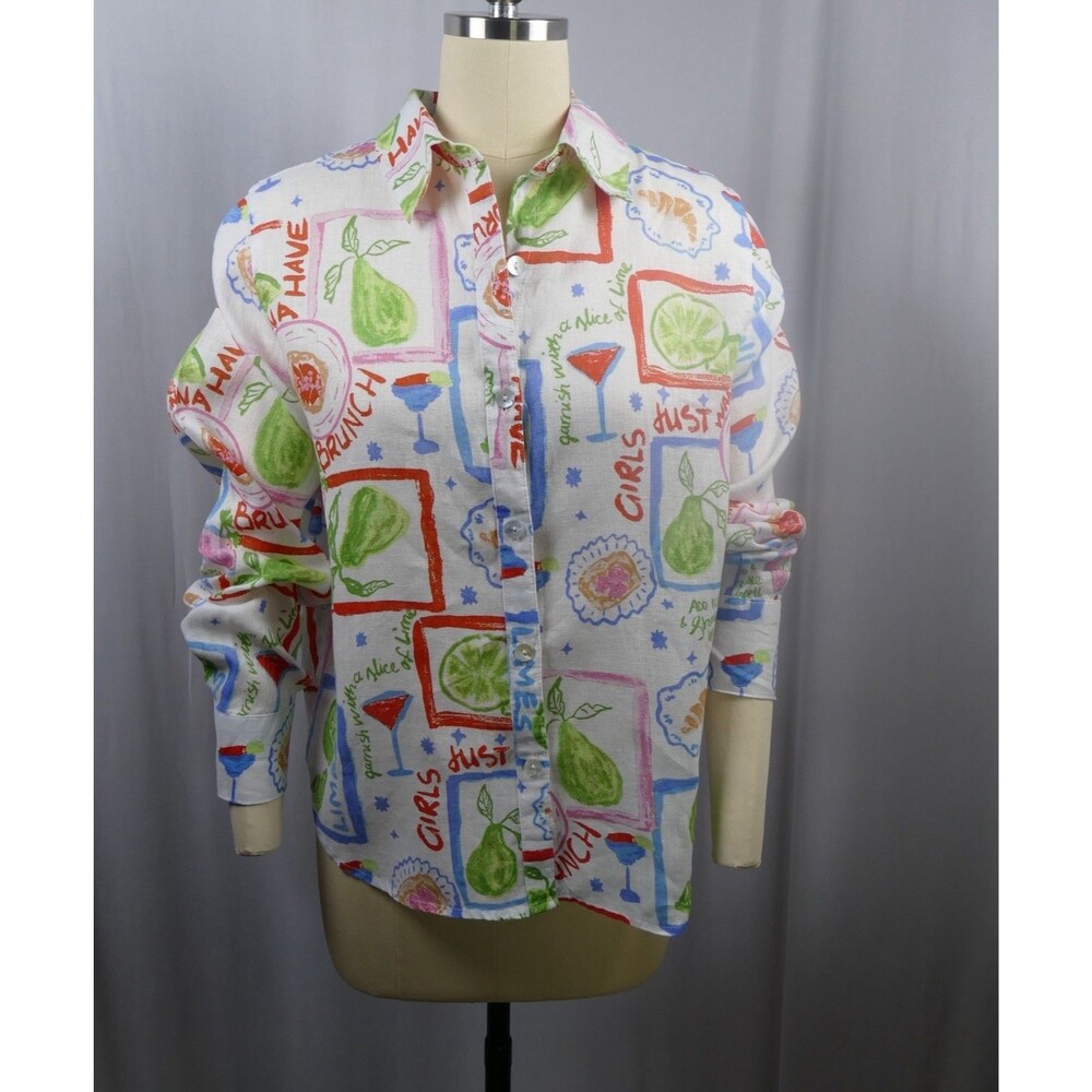 Cynthia Rowley 100% Linen Novelty Print Button Up Shirt M Brunch Fruit Cocktail
